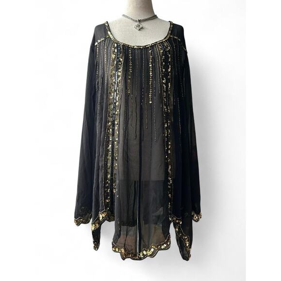 NWT Denim 24/7 Sheer Tunic Top Sequin Embroidery Sz 26W Goth Glam Statement Top - Picture 1 of 9
